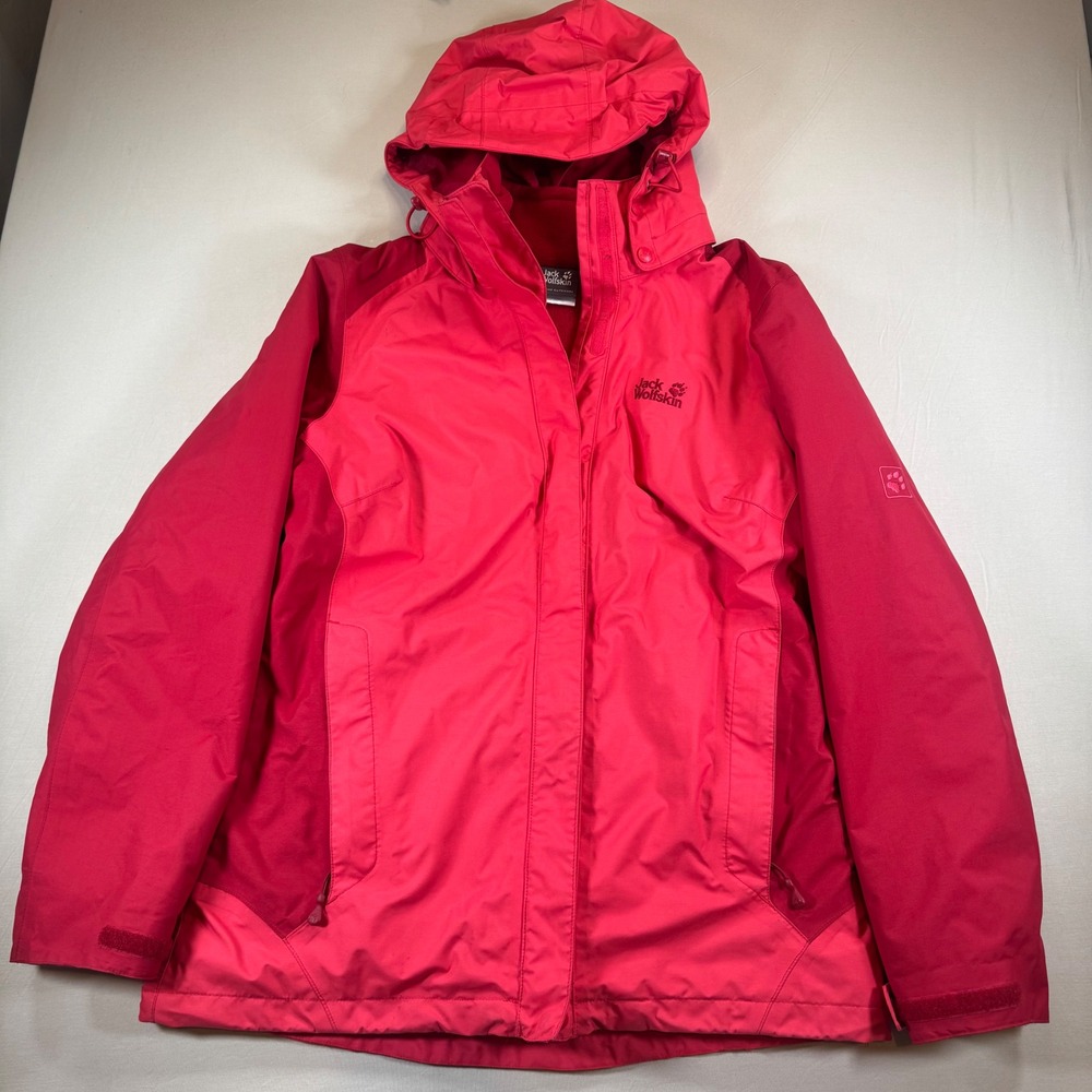 Jack Wolfskin Hooded Jacket Women M Red Excellent Fleece Lined Zip Pockets
